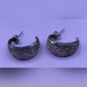 Etched Silver Tone Half Hoop Earrings Women's Post Back Boho Patterned Pair 3/4"